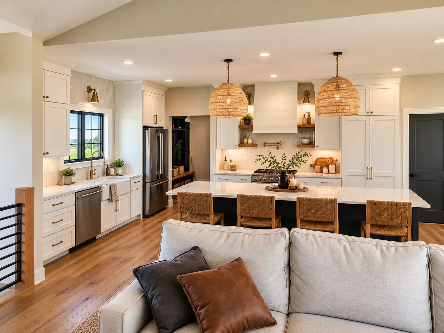 Open-concept white kitchen and living space in a Cruise Brothers Builders custom home in Central Nebraska