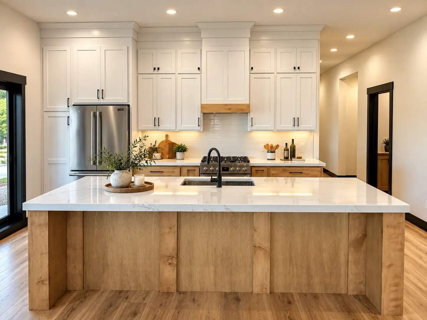 White custom kitchen with a natural wood island in a Cruise Brothers Builders project in Central Nebraska