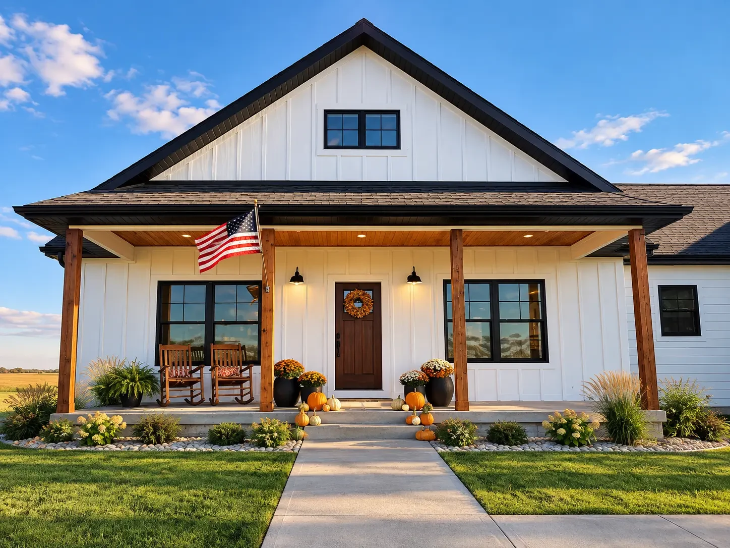 White farmhouse porch custom home project by Cruise Brothers Builders in Central Nebraska