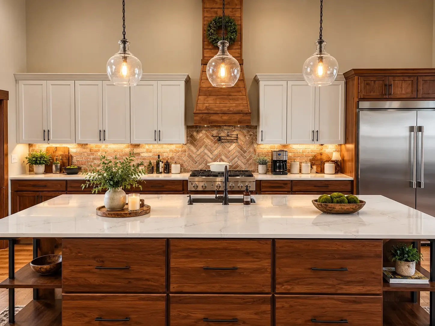 Custom kitchen with walnut cabinetry and brick backsplash in a Cruise Brothers Builders project in Central Nebraska