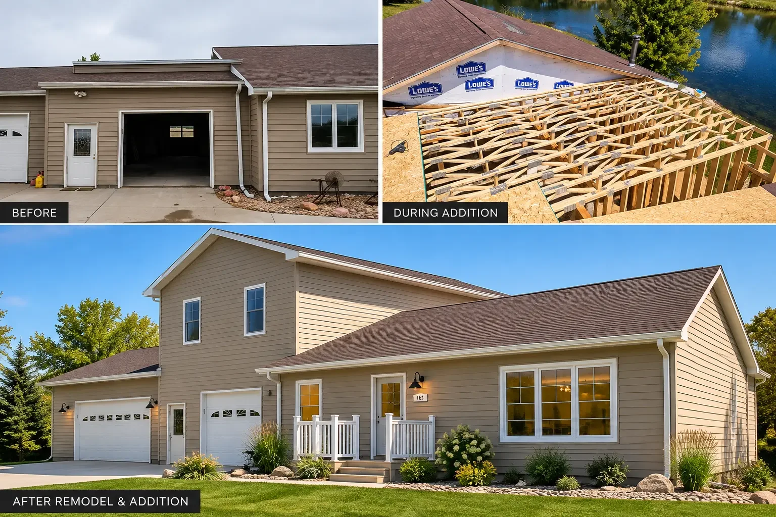 Cruise Brothers Builders home addition project shown before construction, during roof framing, and after the completed remodel and addition in Central Nebraska