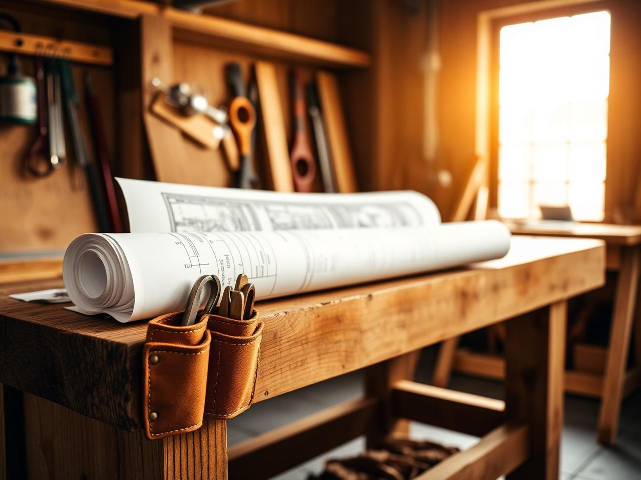 Craftsman tools and blueprints in workshop
