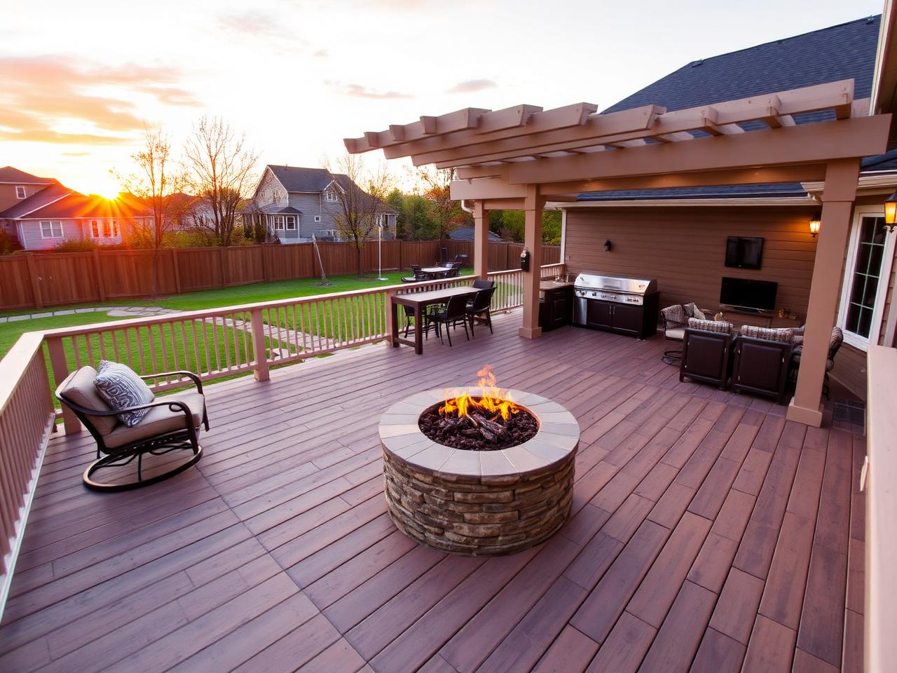 Composite deck with fire pit and pergola